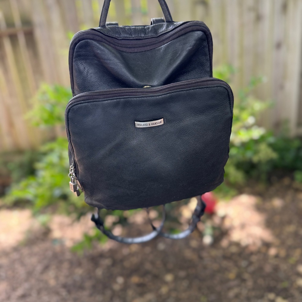 Hillard & Hanson Black Pebbled Leather Backpack Organizer Bag Womens Travel